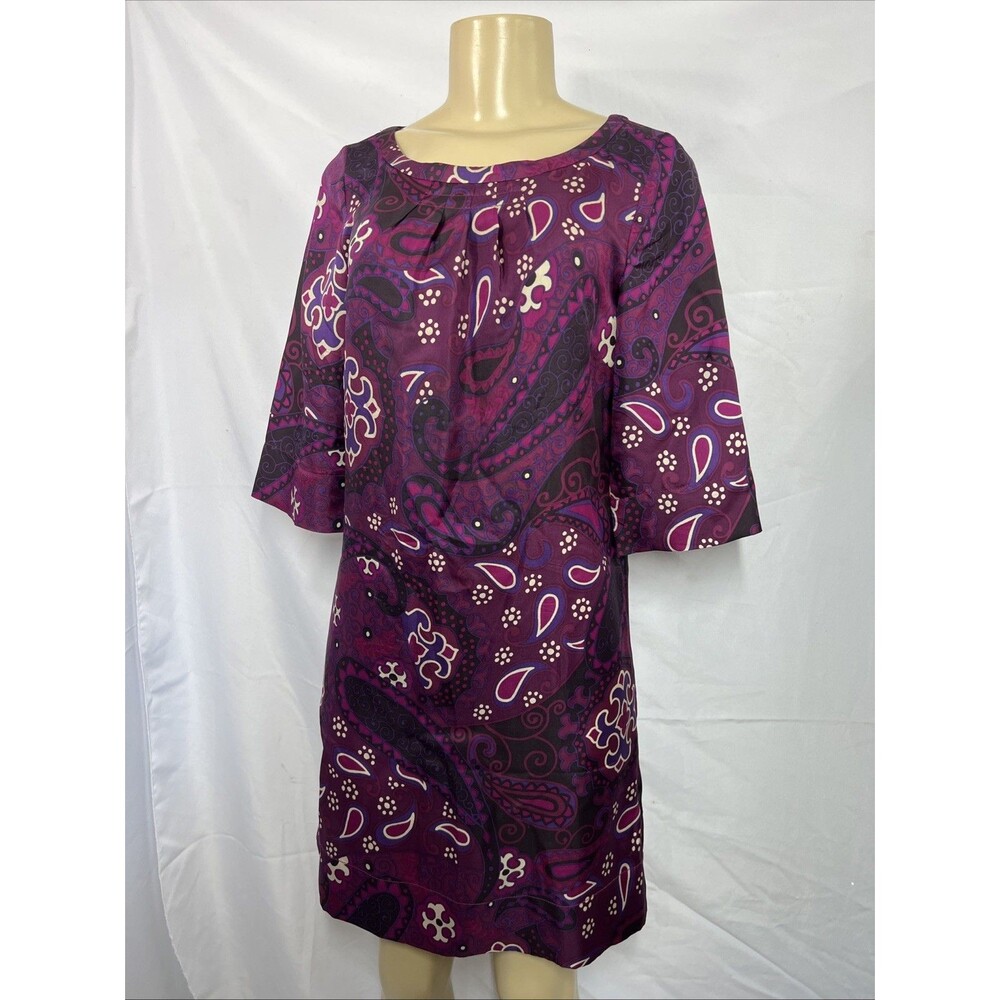 Banana Republic Silk‎ Purple Pink Paisley Print 3/4 Sleeve Pleated Dress Size 2